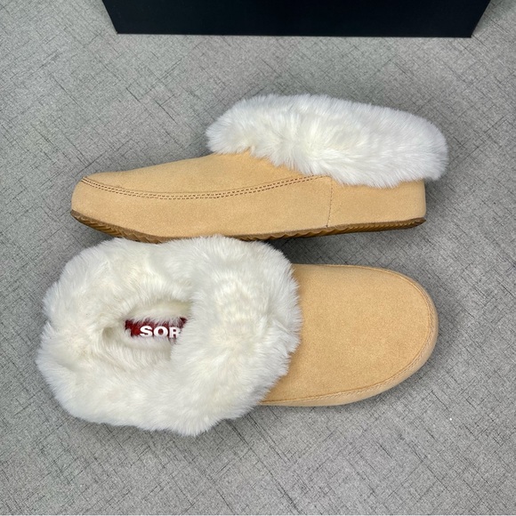 Sorel Women’s Go Coffee Run Slippers Tan Suede Leather Fur Slip On Shoes Nwt - Picture 12 of 16